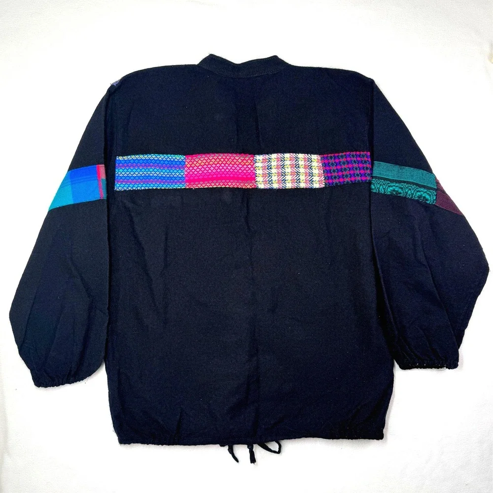 Andes Artesanias Vintage Wool Cotton Patchwork Henley Pullover‎ Sweater Black L - Picture 2 of 10